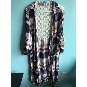 Long Plaid Cardigan Duster with Lace Back